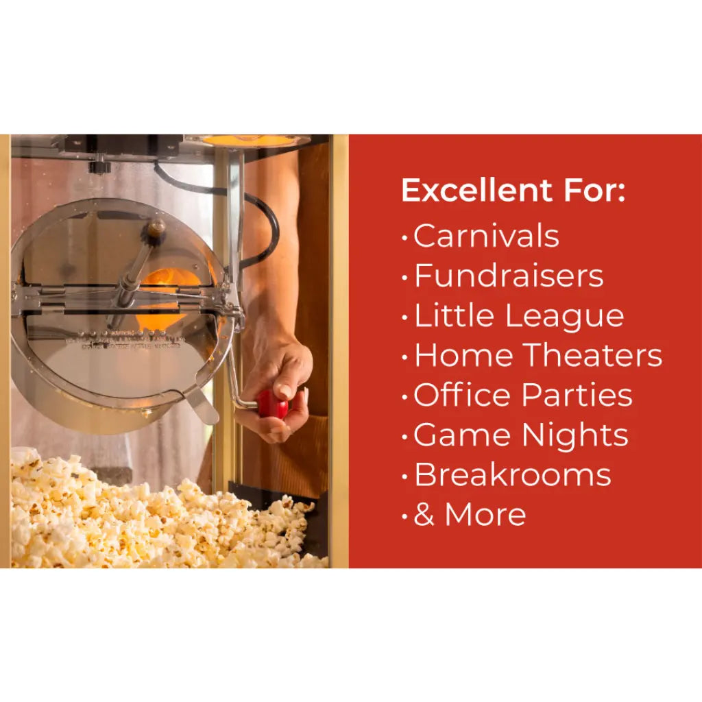 Home movie theater popcorn machine dispensing popcorn with a list of uses.
