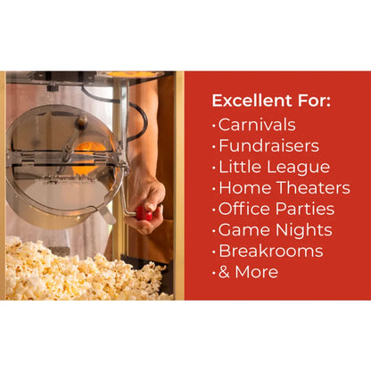 Home movie theater popcorn machine dispensing popcorn with a list of uses.