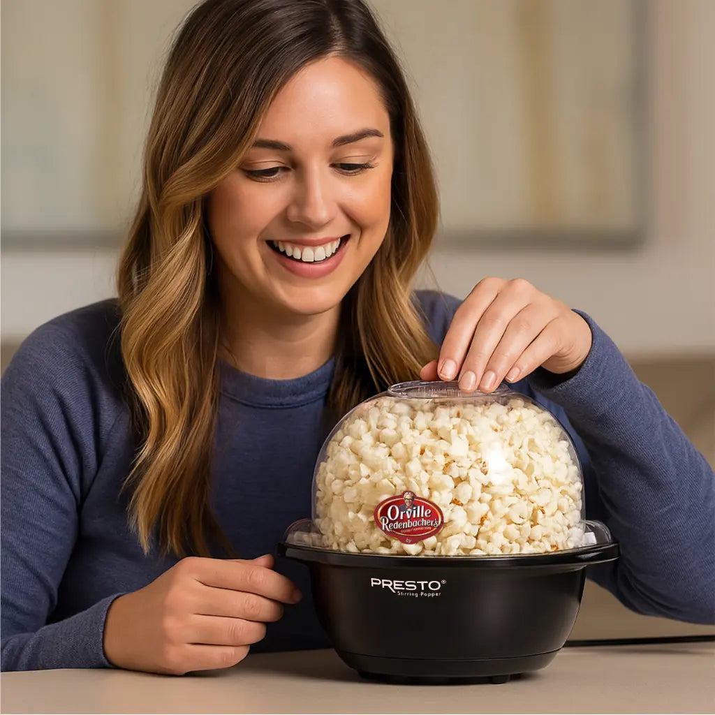Woman holding a hot oil popcorn popper at a table.