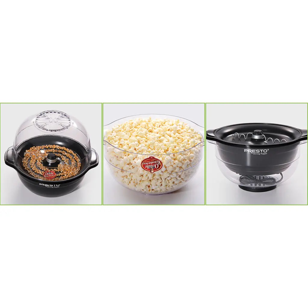 Hot oil popcorn popper with popcorn and parts.