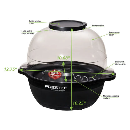 Hot oil popcorn popper with labeled dimensions on a white background.