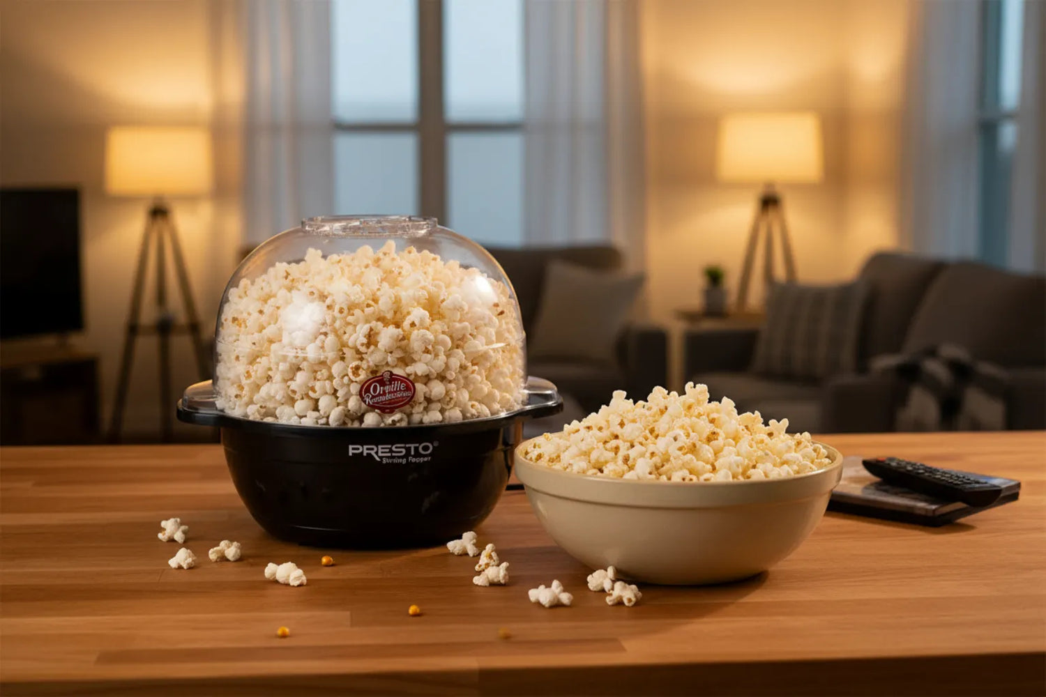 Hot oil popcorn popper with popcorn on a wooden table in a cozy living room setting.