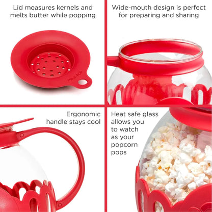 Microwave popcorn popper with features highlighted.