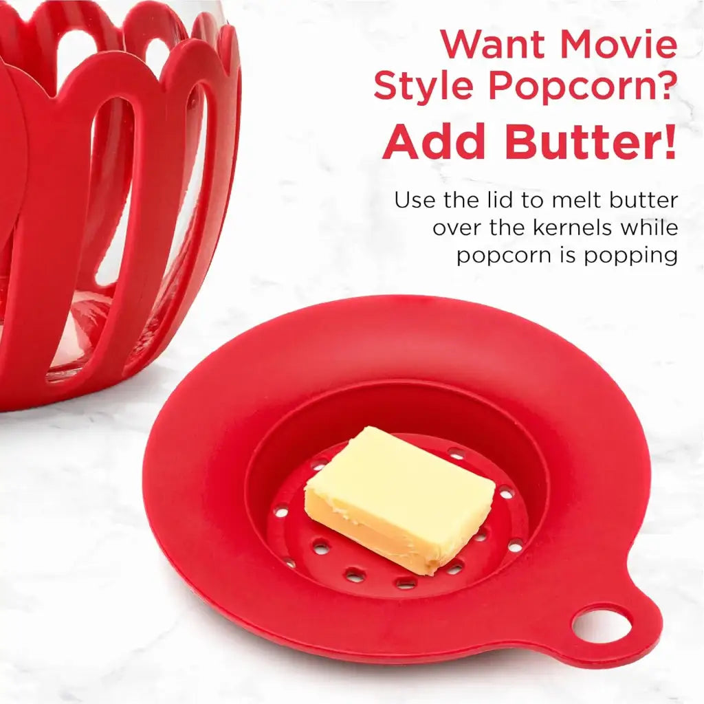 Microwave popcorn popper lid to melt butter over kernels while popcorn is popping.
