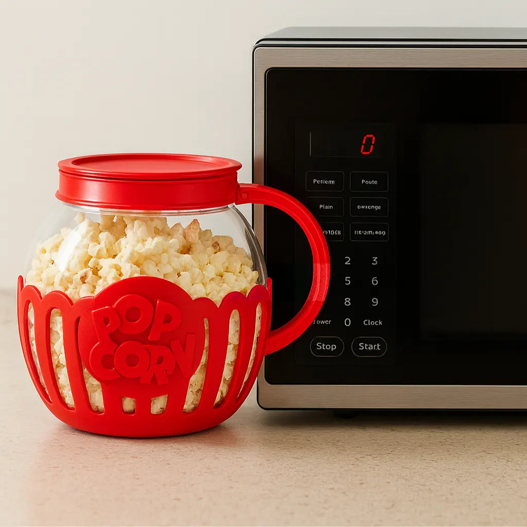 Microwave popcorn popper with popcorn next to a microwave.