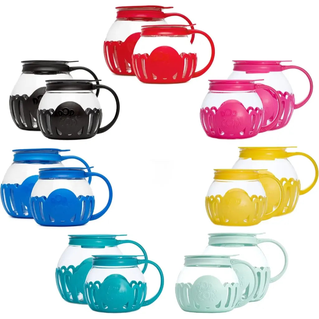 Microwave popcorn poppers in red, black, pink, yellow, blue, teal, and aqua.