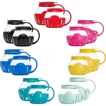 Microwave popcorn poppers in red, black, pink, yellow, blue, teal, and aqua.