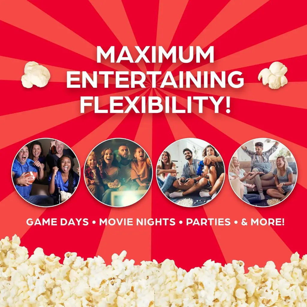 Popcorn popper machine with people enjoying various activities.