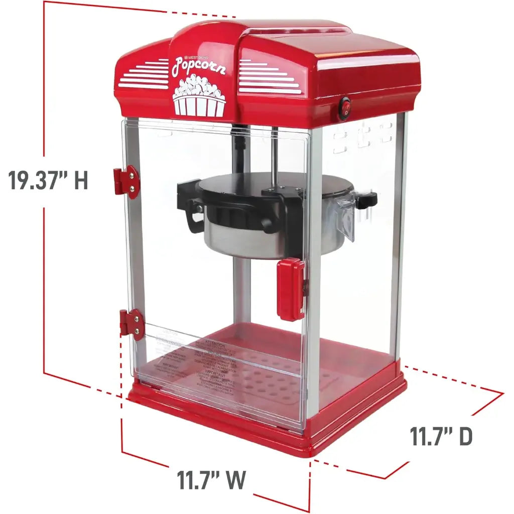 Popcorn popper machine with dimensions indicated on a white background.