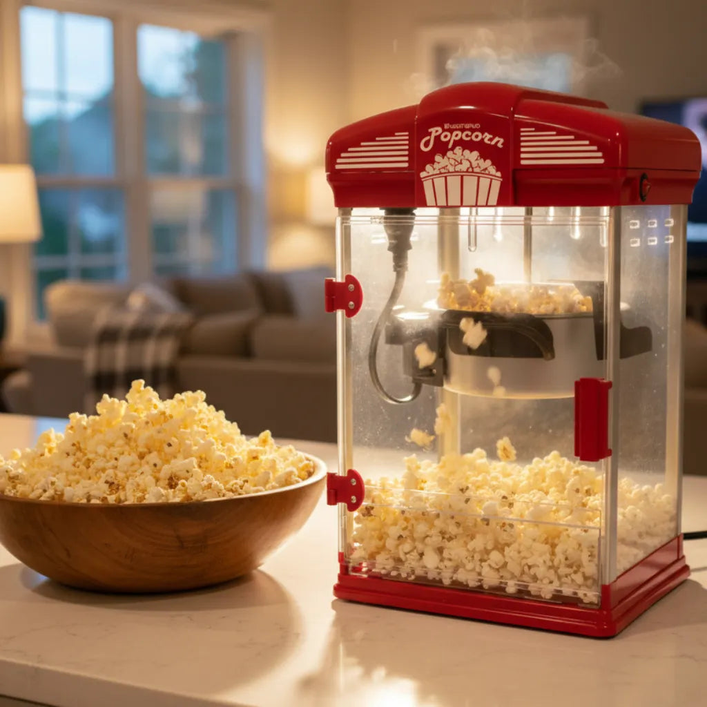 Popcorn popper machine and a bowl on a table in a living room setting.