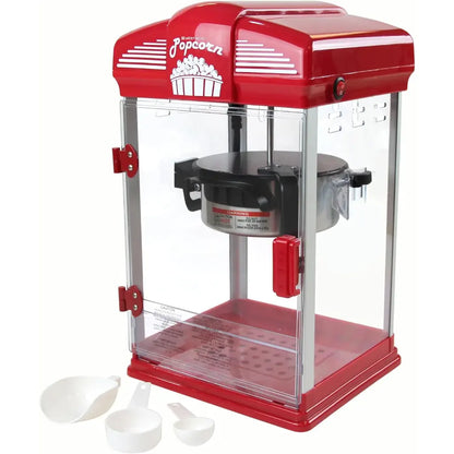 Popcorn popper machine with clear side panels and popcorn scoopers.