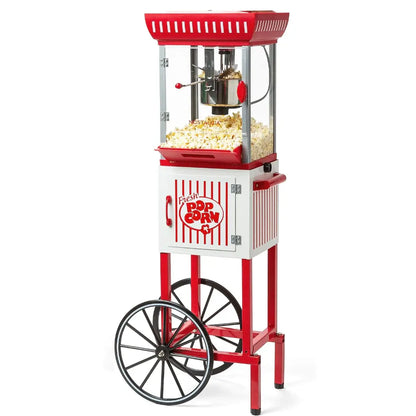 Red and white home cinema popcorn machine with cart on wheels.