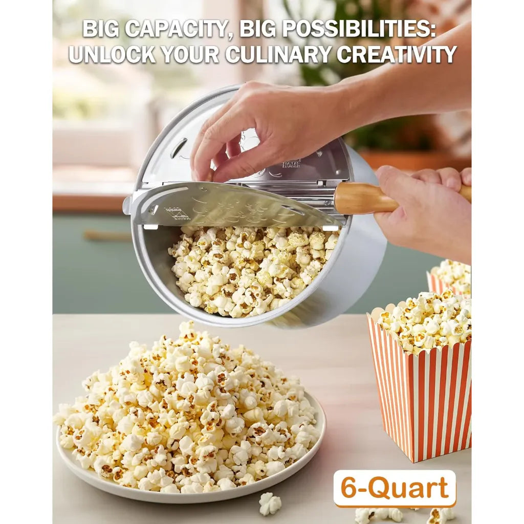 Stovetop popcorn popper with popcorn on a plate and in a box.