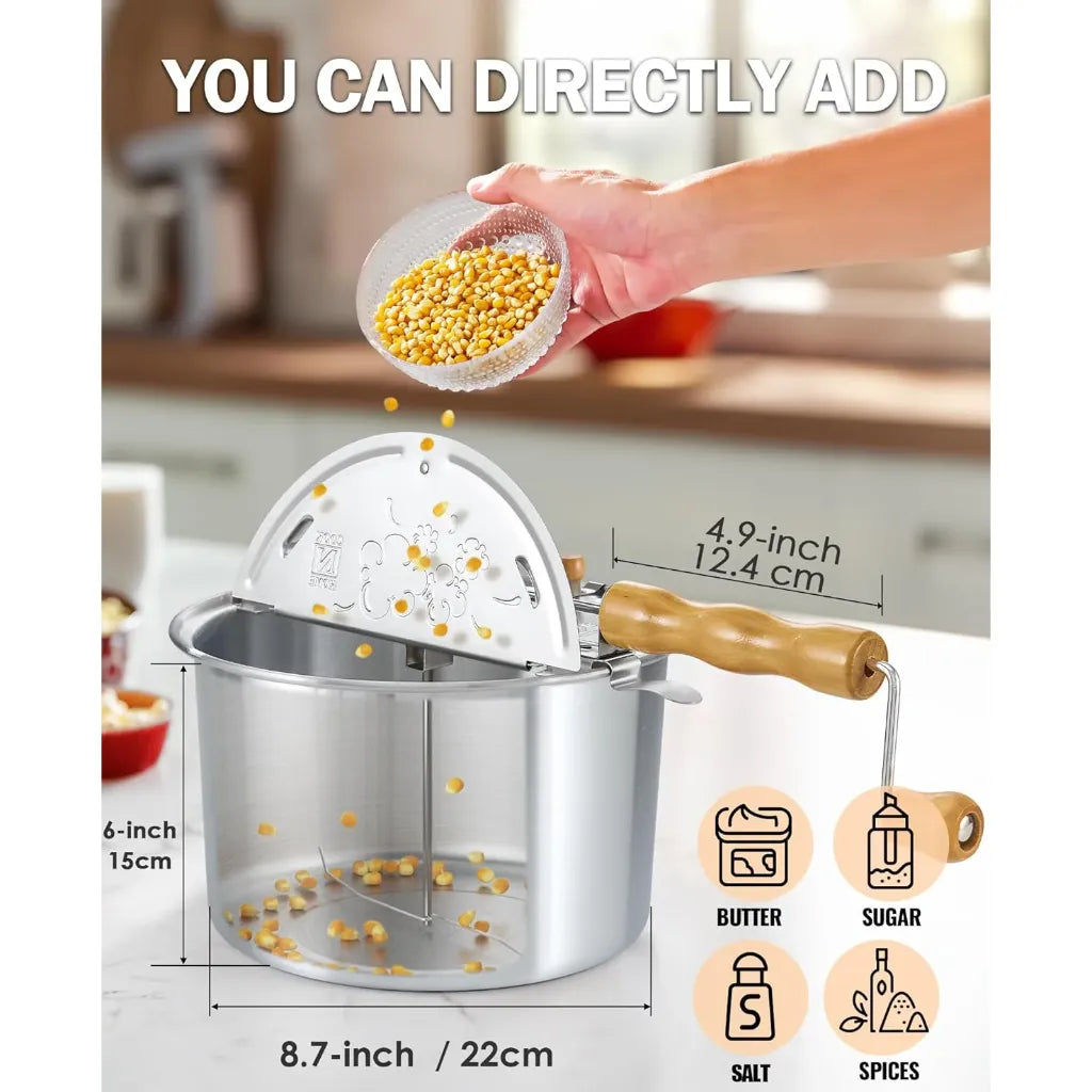 Stovetop popcorn popper with wooden handle on a kitchen counter, showing how to add ingredients.