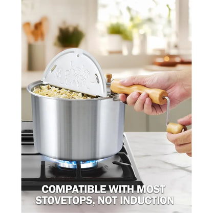 Stovetop popcorn popper being used on a stovetop.