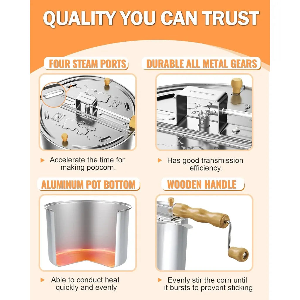 Stovetop popcorn popper highlighting features.