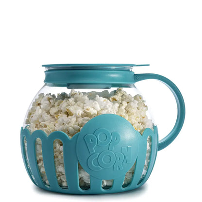 Teal microwave popcorn popper with glass container filled with popcorn.