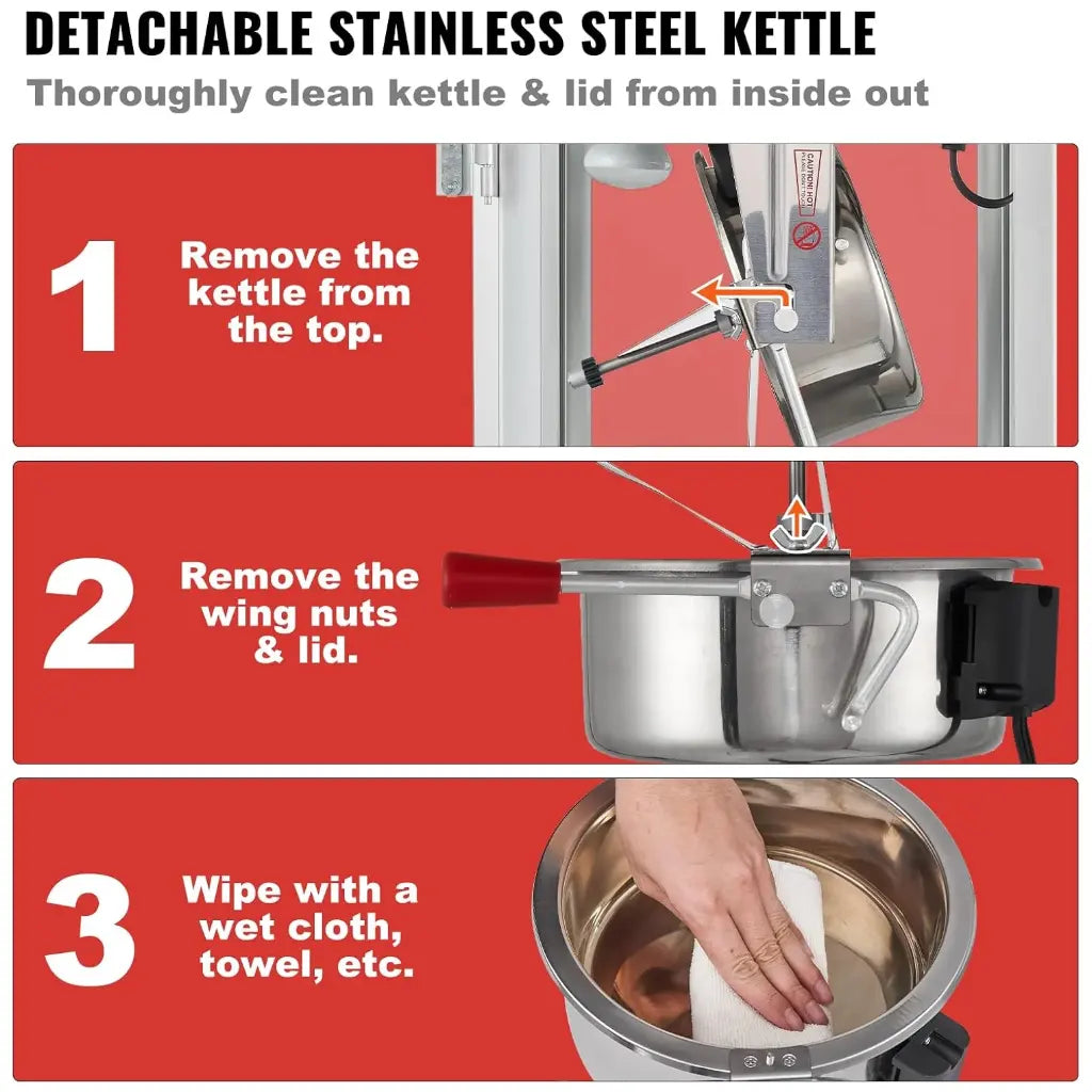 Theater popcorn machine instructions for cleaning a detachable stainless steel kettle.