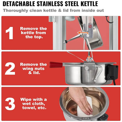 Theater popcorn machine instructions for cleaning a detachable stainless steel kettle.