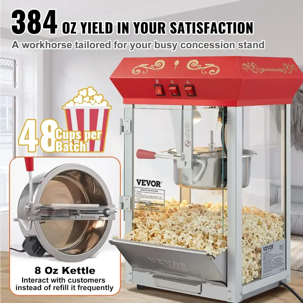 Theater popcorn machine displaying 8 oz. kettle tailored for busy concession stand.