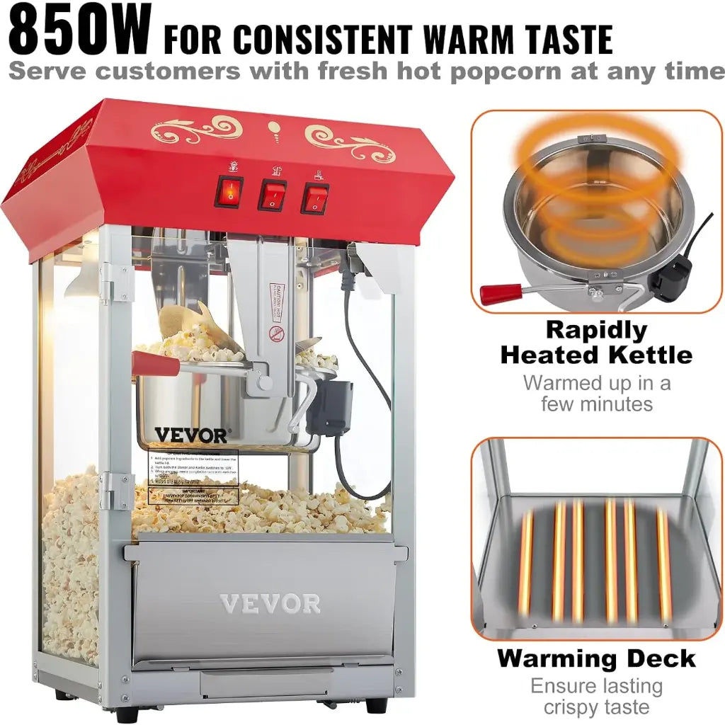 Theater popcorn machine with heating feature to keep popcorn warm.