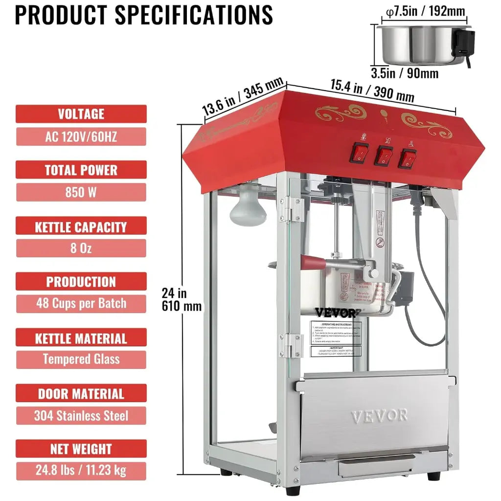 Theater popcorn machine and product specifications on the left.