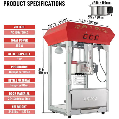 Theater popcorn machine and product specifications on the left.