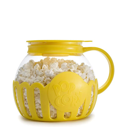 Yellow microwave popcorn popper with a clear container filled with popcorn.